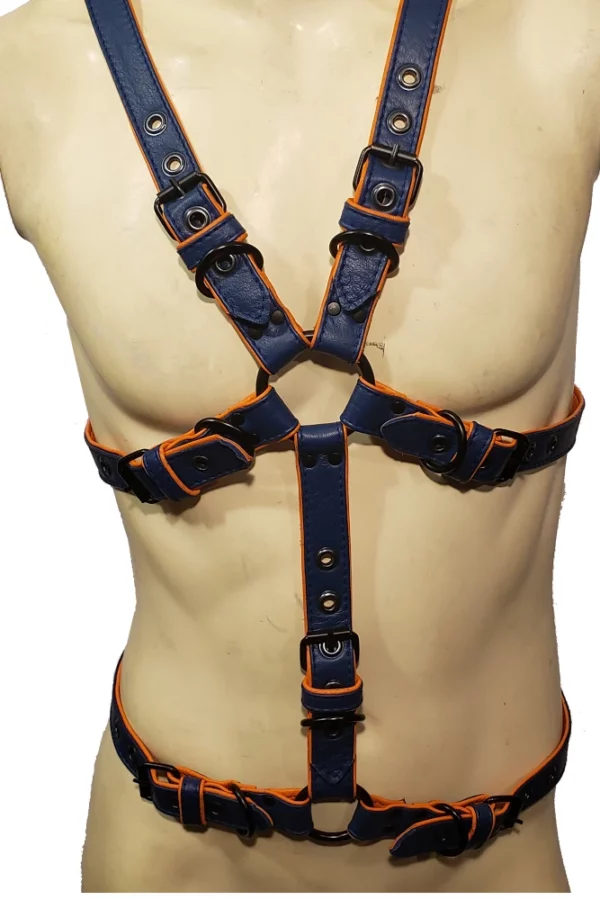 leather body harness houseofbasciano blue orange front