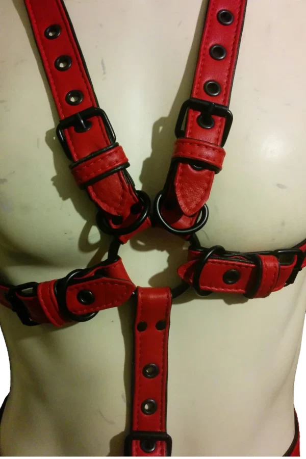 leather body harness houseofbasciano red black black front close
