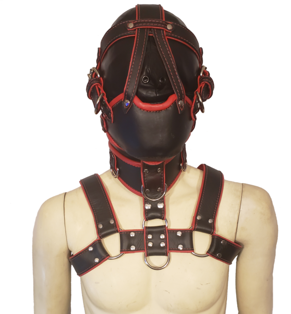 M3 Muzzle gag with chest harness black and red houseofbasciano