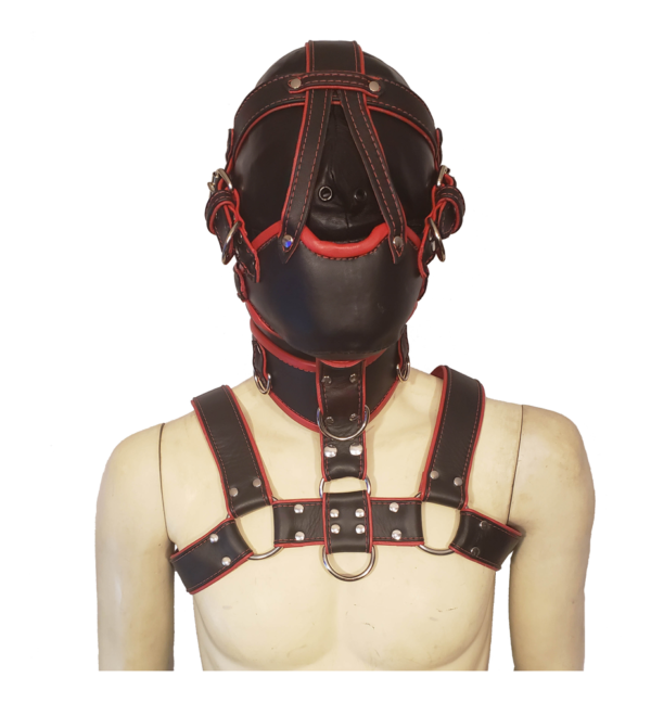 M3 Muzzle gag with chest harness black and red houseofbasciano