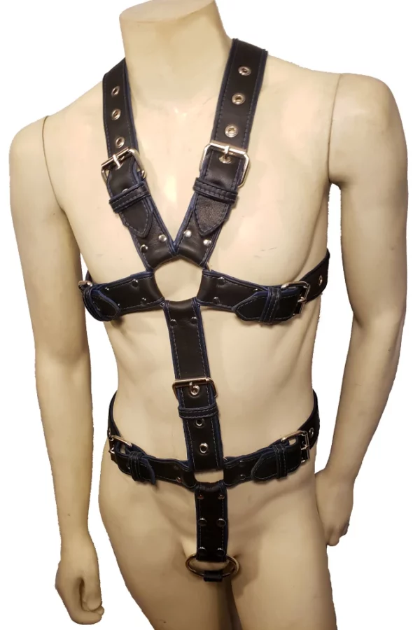leather body harness houseofbasciano black blue silver front