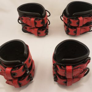 set of double buckle bondage restraints black and red Houseofbasciano