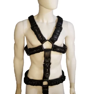 Padded Leather Body Harness Locking Posts Black